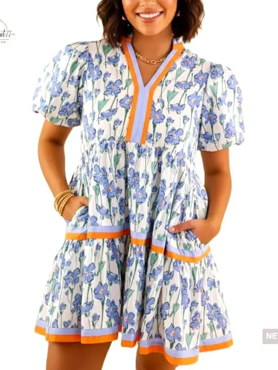 Puff Sleeve Floral Print Mini Dress with Pockets, Casual V-Neck Pull On - Picture 1 of 5